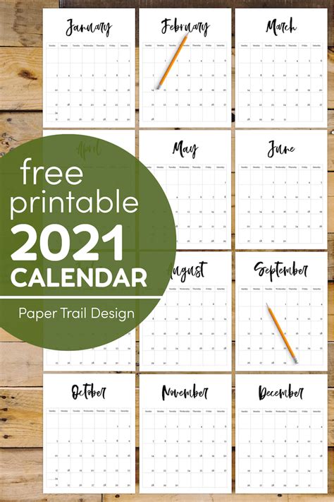 2021 Free Printable Monthly Calendar Paper Trail Design