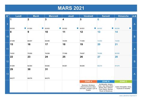 Calendrier Mars 2021 à Imprimer