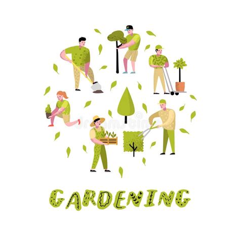 Gardening Cartoons Set Funny Simple Characters With Plants And Trees