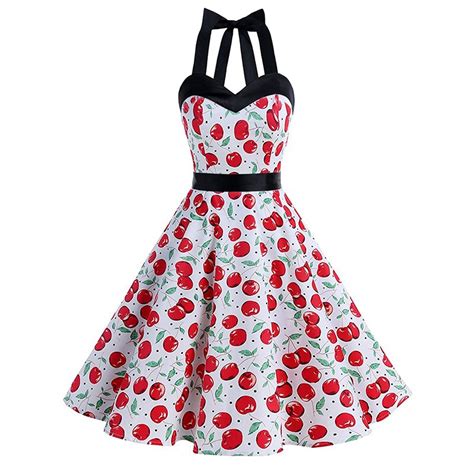 Hot Sale 2018 New Fashion Womens Hepburn 50s 60s Vintage Dress Short Cherry Print Floral Swing