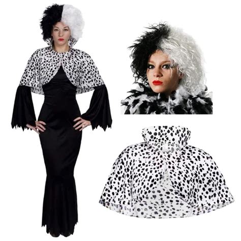 Ladies Cruella Costume Dress Wig Dalmatian Cape Halloween Fancy Dress Deville £1999 Picclick Uk