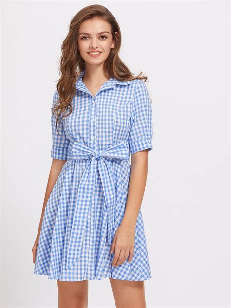blue checkered half sleeve tie waist front button shirt dress preppy outfits preppy dresses