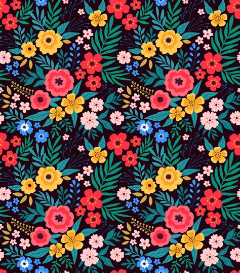 25 Amazing Floral Pattern With Bright Colorful Flowers Dark Background Art Print By Annandpen