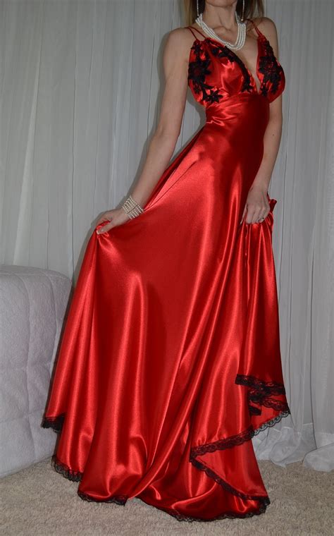 Natashas Secretbetweenus Lingerie Liquid Pearl Full Sweep Long Red Satin Nightgown With Black