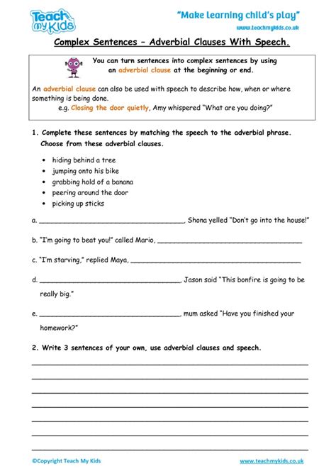 These clauses are a type of complex sentence, so it is essential that you are able. Complex Sentences - Adverbial Clauses and Speech - TMK ...