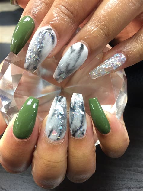 Olive Green And Marble Look Created With Polish And Acrylic Nexgen