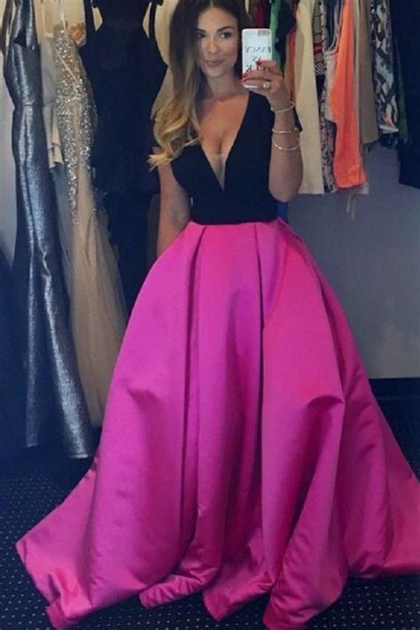 black and hot pink satin ball gown cheap prom dresses deep v neck sexy prom dress elegant long