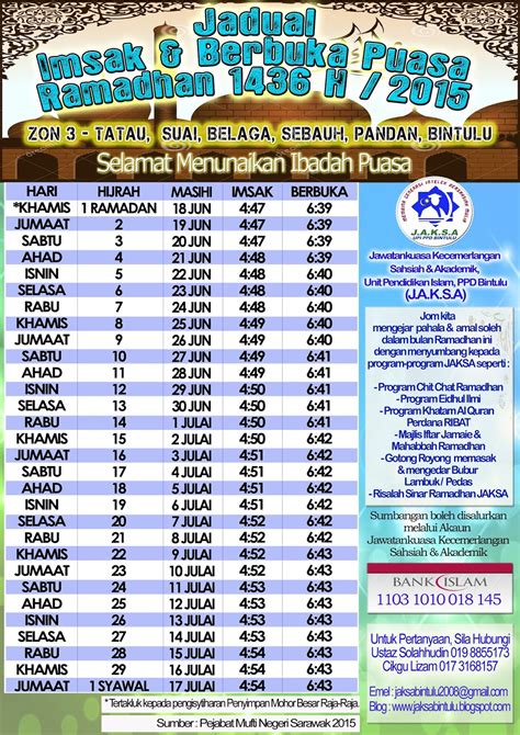 It is time to perform subuh fard prayer in kuala terengganu, marang & vicinity (06:00) next is zohor (13:15). JADUAL SOLAT BINTULU 2015 PDF