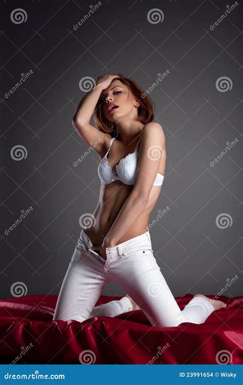 Beauty Woman Touch Herself With Pleasure In Jeans Stock Photo Image Of Cute Erotic