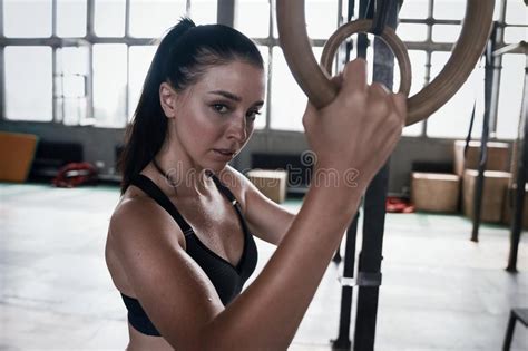Happy Healthy Athletic Woman Laughing Resting After Gymnastic Rings Workout Stock Image Image