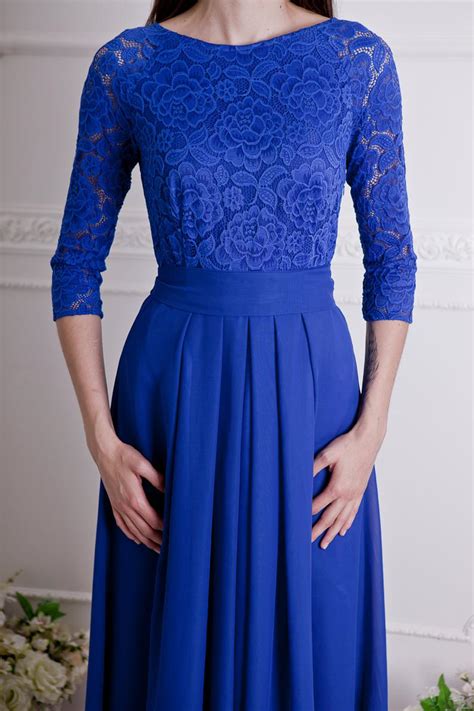 Skylar Cobalt Blue Lace Modest Prom Dress with Sleeves