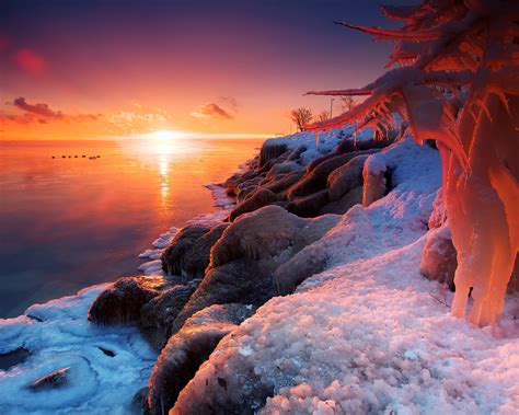 Wallpaper Beautiful Winter Sunrise Lake Ice Snow