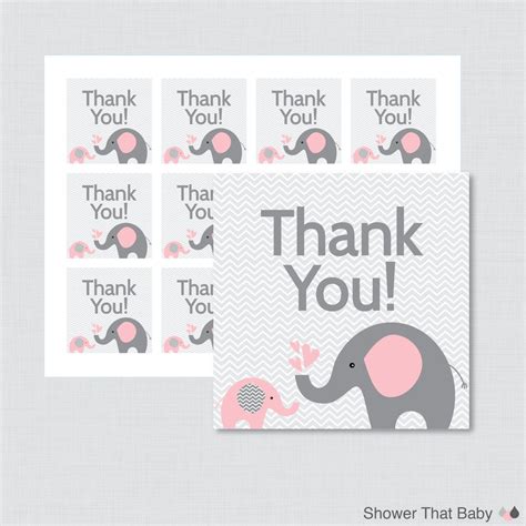 Have a baby wrapping competition using balloon babies and large pieces of silky, slippery fabric for swaddling. Printable Elephant Baby Shower Favor Tags Thank You Tag for