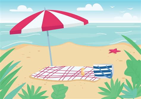 Manta Y Sombrilla En La Ilustración De Vector De Color Plano De Playa