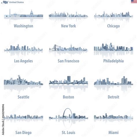 United States Largest Cities Skylines Vector Illustrations In Light