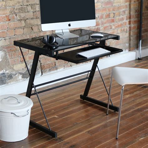 Glass Top Black Computer Desk With Pull Out Keyboard Tray By Manor Park