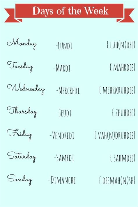 Days of the week in French learning chart | Learn French | Learn french ...