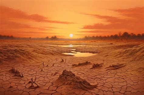Dry Land At Sunset Representing Drought And Lack Of Water Climate
