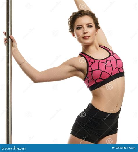 Dance Graceful Brunette Posing With Pole Stock Photo Image Of
