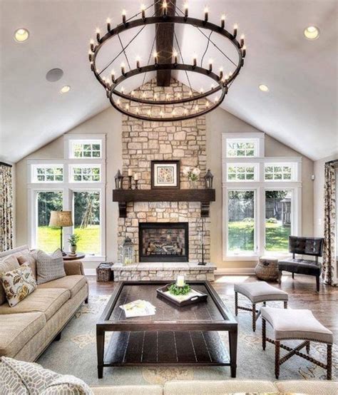 Farmhouse Living Room With A Stone Fireplace Ideas