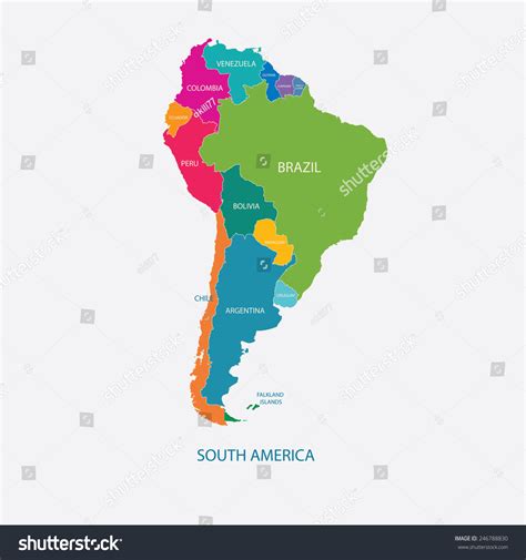 South America Color Map With Name Of Countries Flat Illustration Vector