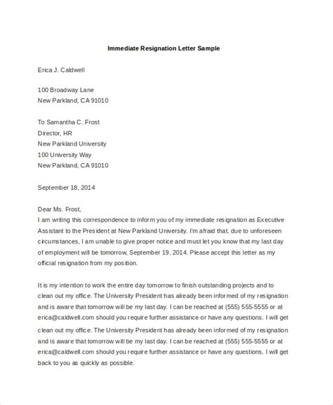 Immediate Resignation Letter For Office Sample Resignation Letter