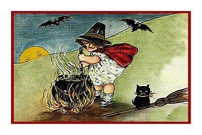Vintage counted cross stitch magazines and books. Victorian Halloween #6 Witch Cat Bats Counted Cross Stitch ...