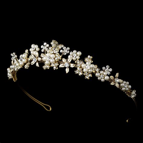 Gold And Ivory Pearl Floral Bridal Tiara Hp 8452