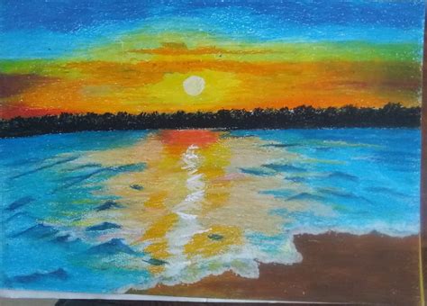 Hand Made Oil Pastel Painting Of Sunset Reflection In Water Etsy
