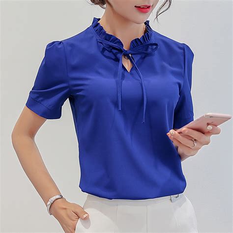 2018 women chiffon blouse spring casual work blouse bow tied frilled neck button back shirt navy