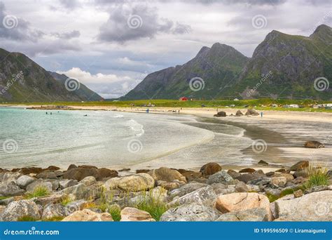 Flakstad Beach Lofoten Islands Stock Image Image Of Sand Mountains