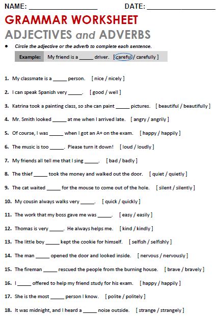 Adverbs And Adjectives Worksheet Printable Sheet Education