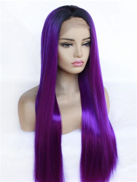 Mysterious Gradient Mixed Purple Long Straight Lace Front Wig Synthetic Wigs Babalahair