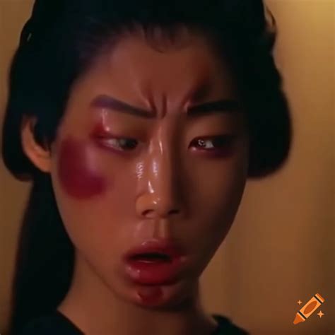 asian woman fighter with bruised face in 80s kungfu movie scene on craiyon