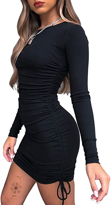 Miivoo Womens Sexy Club Ruched Long Sleeve Drawstring Mini Bodycon Dress