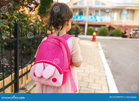 Rear View Image Of Cute Little Girl Preschooler Walking Outdoor With