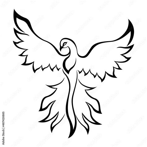 Black Graceful Firebird Contour Isolated Over White Hand Drawing