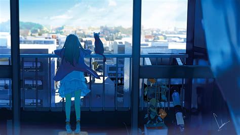 Hd Wallpaper Girl Cat City Balcony Cute Pixiv Anime Wallpaper