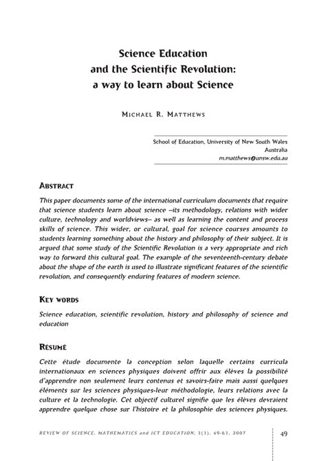 Pdf Science Education And The Scientific Revolution A Way To Learn