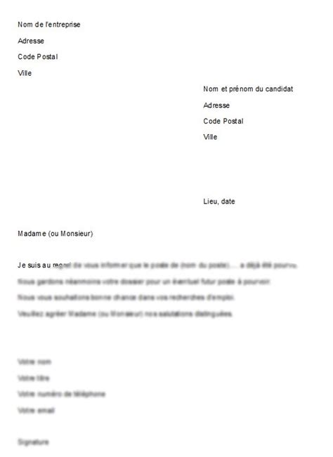 Modele Courrier Reponse Negative Candidature Modele De Lettre Type