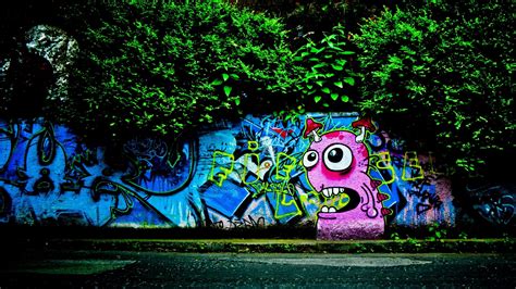 Download Wallpaper 2048x1152 Wall Graffiti Colorful Trees Ultrawide
