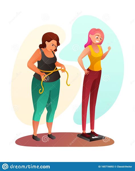 Sad Overweight Woman And Happy Thin Lady Cartoon Vector Illustration