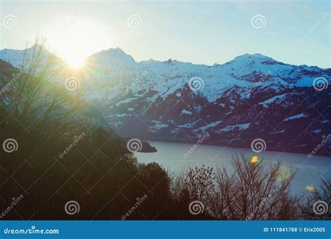 Sunrise In Swiss Alps Mountains And Thun Lake View Switzerland Stock