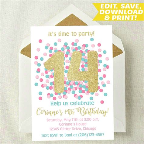 EDITABLE 14th Birthday Invitation / 14th Birthday Invite 