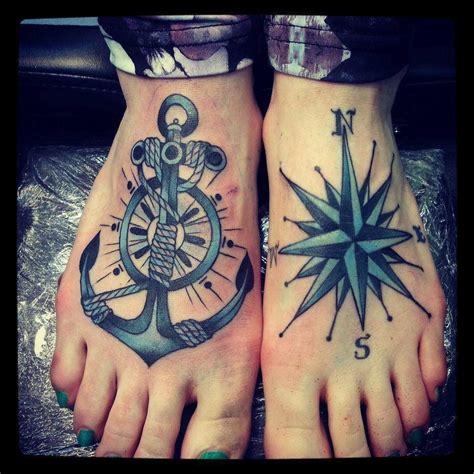 The interesting mix between a plain black anchor and colorful flowers sure draws attention when you see this anchor tattoo. anchor & wind rose | Foot tattoos, Anchor tattoo design ...