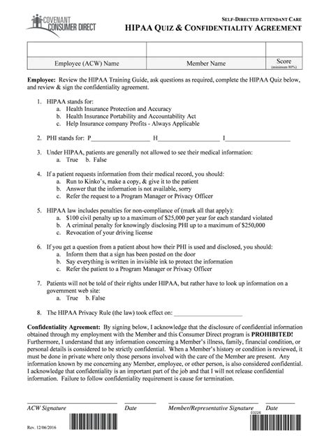 Fillable Online Hipaa Quiz And Confidentiality Agreement Fax Email Print