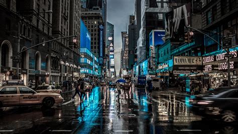 Wallpaper New York City Night Street Buildings Rain Usa 3840x2160