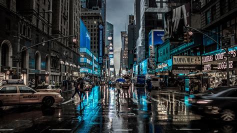 Wallpaper New York, city, night, street, buildings, rain, USA 3840x2160