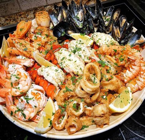 Seafood Feast Lobster Tails Calamari Shrimp Scampi Mussels Scallops By