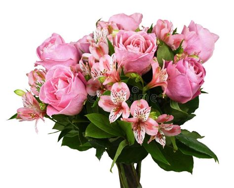 Bouquet Of Pink Roses And Alstroemeria Flowers Isolated On White Stock